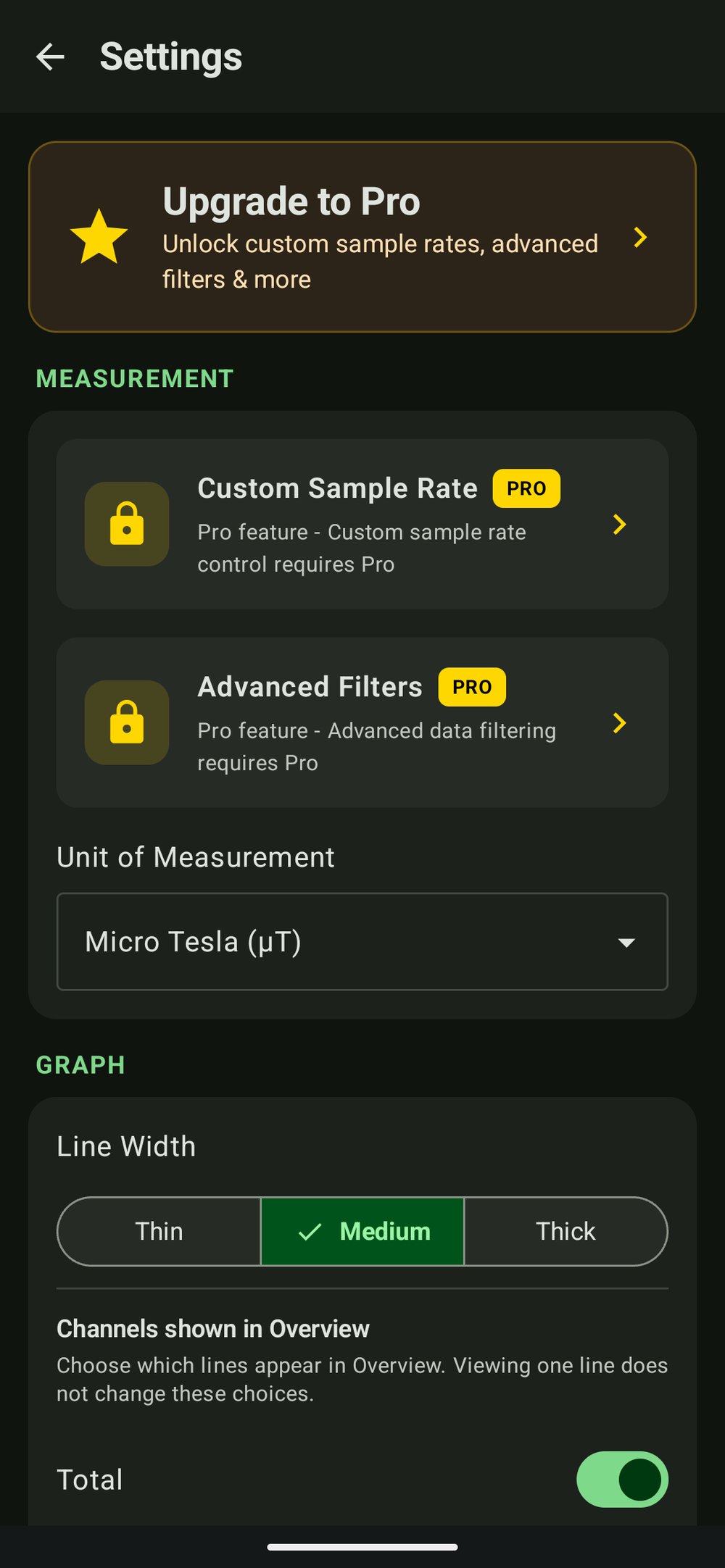 Physics Toolbox Settings screen for Magnetometer, showing the Unit of Measurement dropdown set to Micro Tesla